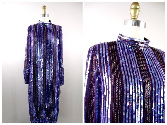 70s Couture Sequin Gown / 1970s Eggplant Dark Pur… - image 1