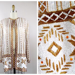 Naeem Khan RIAZEE Couture Beaded Jacket // HEAVY Gold and White Sequin Gold Long Blazer