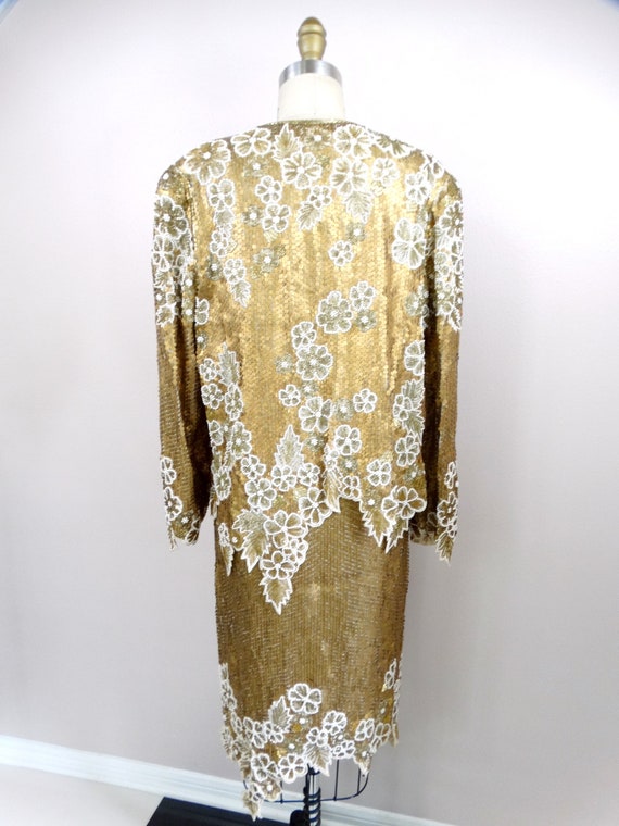 Metallic Gold Sequin Pearl Beaded Dress + Long Ja… - image 8