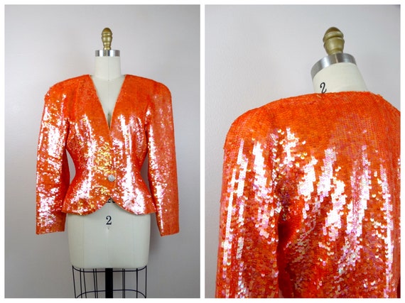 S/M Orange Sequin Blazer // Bright Sequined Vinta… - image 6