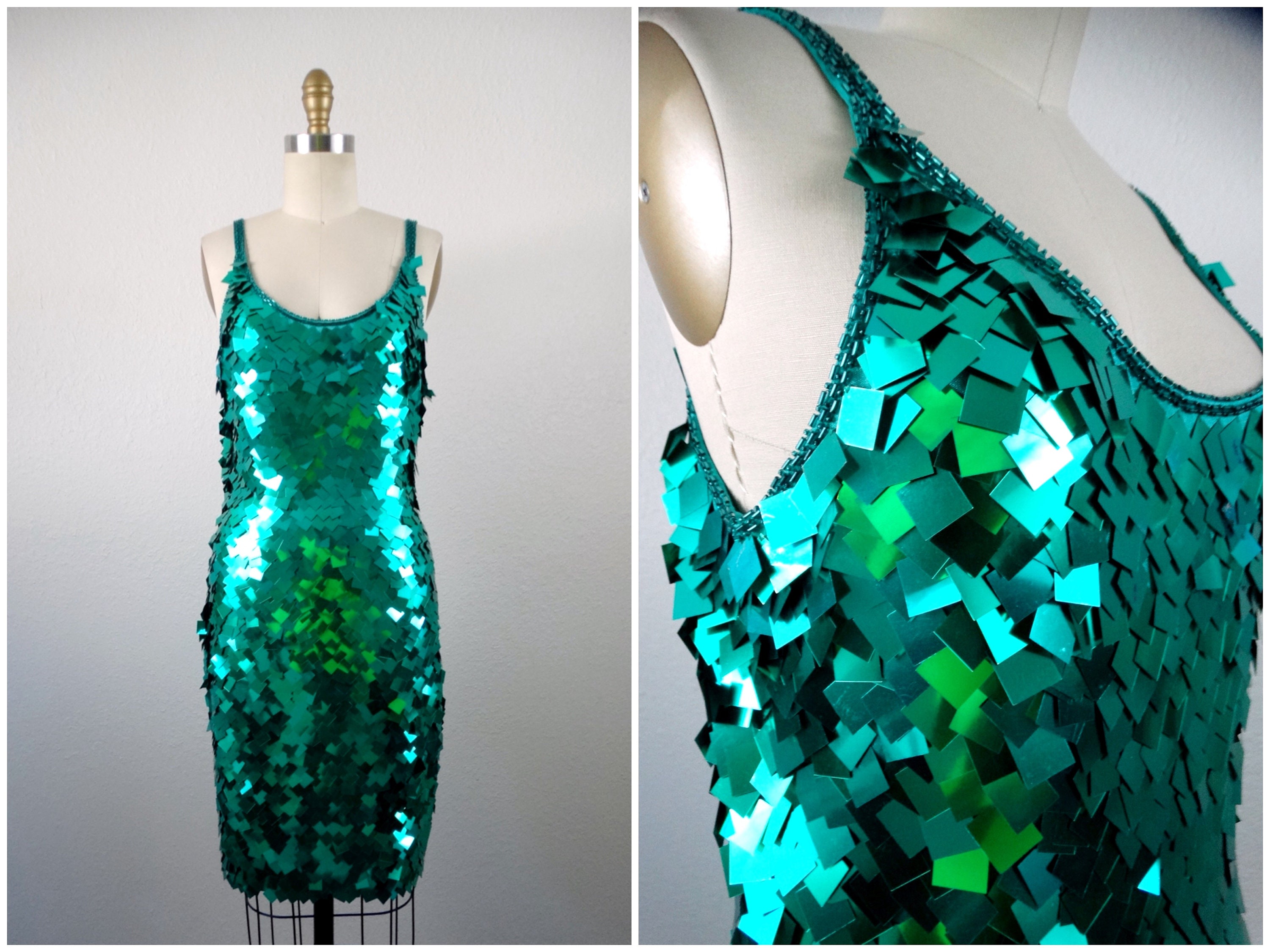Teal Green Sequin Party Dress, Square Paillette Cocktail Dress