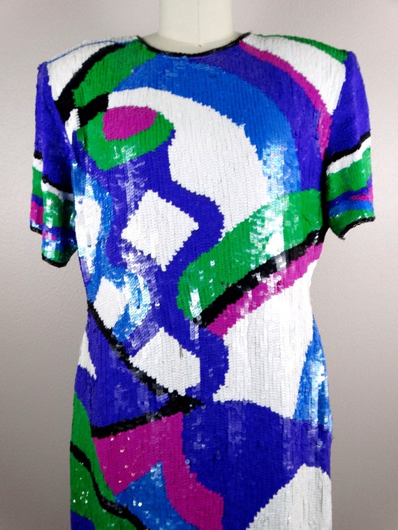 M/L Fully Sequined Mini Dress // 1980s Bright Seq… - image 2
