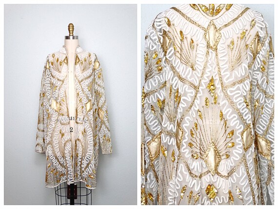 VTG Art Deco Gold Beaded Sequin Kimono / Sheer Ivo