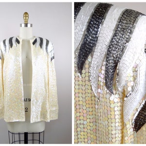 Hand Beaded Iridescent Sequined Silk Cardigan / Silver and White Beaded Shoulders Evening Jacket Small Medium