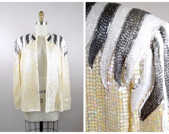 Hand Beaded Iridescent Sequined Silk Cardigan / Silver and White Beaded Shoulders Evening Jacket Small Medium