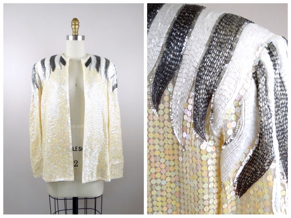 Hand Beaded Iridescent Sequined Silk Cardigan / S… - image 4