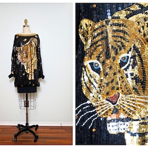 TIGER QUEEN Sequined Dolman Dress // Oversized Big Cat Sequined Beaded Mini Dress // Wild Animal Sequin Kaftan Dress