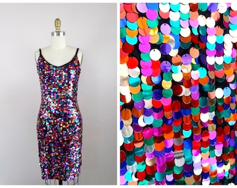 S/M Confetti Sequined Dress // Rainbow Paillette Sequin Embellished Party Dress Small Medium