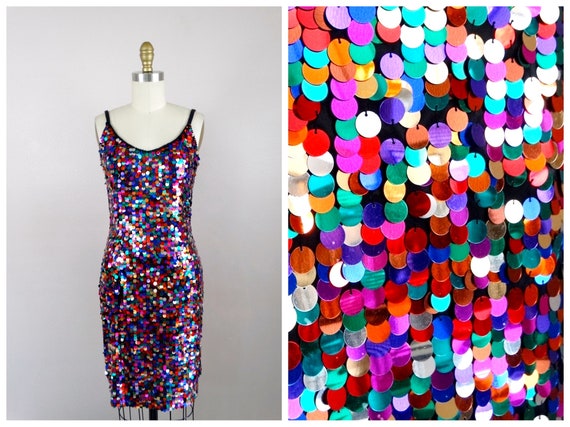 S/M Confetti Sequined Dress // Rainbow Paillette … - image 1