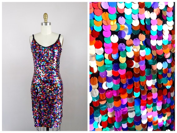 S/M Confetti Sequined Dress // Rainbow Paillette … - image 1