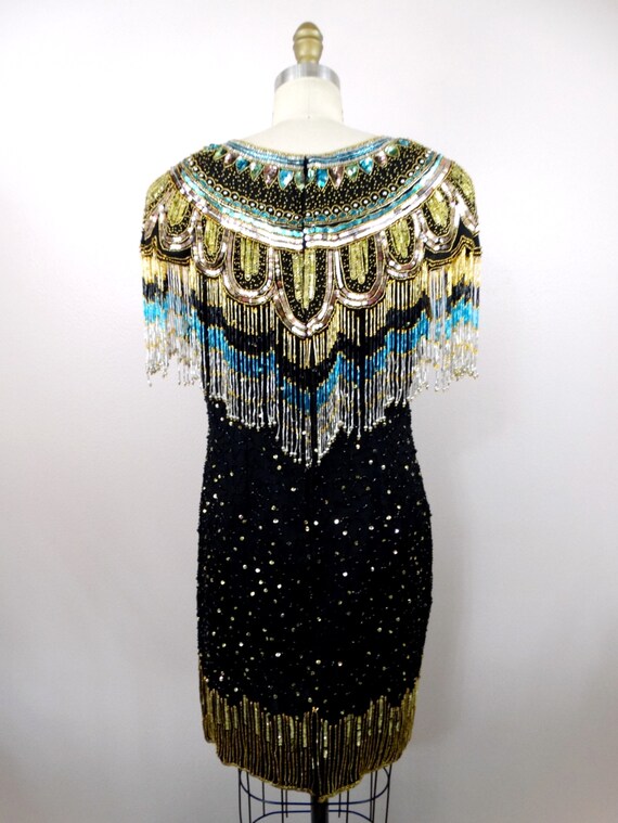 80s Gold Fringed Beaded Sequin Dress // Fringe Ga… - image 6