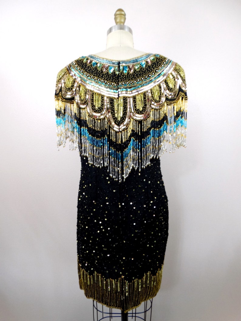 80s Gold Fringed Beaded Sequin Dress // Fringe Gatsby Flapper Dress // Gold Embellished Mini Dress image 6