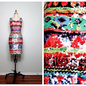 XS/S Fluorescent Sequin Dress / Bright Vintage Neon Dress / 90s Fully Embellished Party Dress Small XS