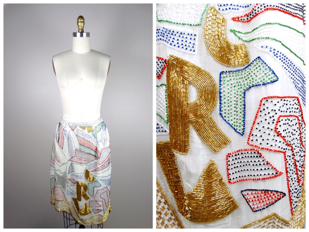 Rare Bead and Sequin Skirt Abstract White and Gold Beaded Skirt