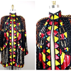 Funky Neon Sequin Glam Coat / Bohemian Novelty Jewel Embellished Long Jacket / Retro Yellow and Red Sequined Art Deco Duster Overcoat