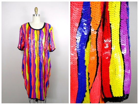 RARE Plus Size Neon Sequined Beaded Dress // Vint… - image 10