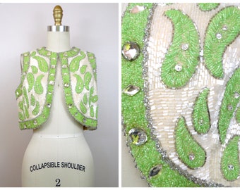 Juwelen Verzierte Couture Kurz Weste // Hellgrüne und Weisse Kristall Strass Vintage Shrug mit Schmuck