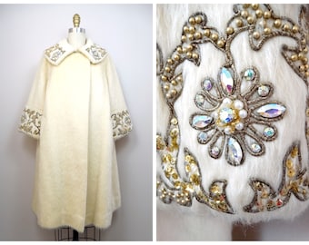 60s Lilli Ann Fur Coat // RARE Rhinestone Crystal Beaded 1960s Vintage Ivory Cream Mohair Swing Coat // Mid Century Couture Overcoat