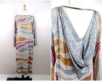 70s 80s Gray Rose Pink Taupe Silver and Gold Sequin Art Deco Dress