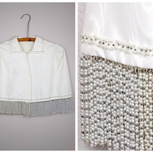VTG Fringe Pearl Beaded Capelet // Vintage Fringed Caplet // Ivory Wedding Cape Bolero Shrug w/ Glass Beading and Pearls
