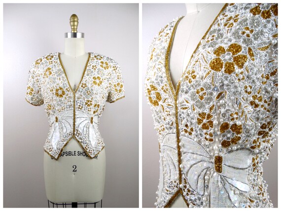 Pearl Beaded Vintage Couture Top // Gold Silver W… - image 9