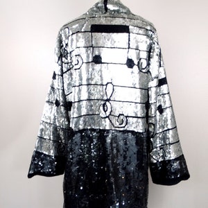 RARE Rockstar Sequin Novelty Duster // Black & Silver Sequined Beaded Musical Notes Long Jacket // Musicians Fully Embellished Coat image 5