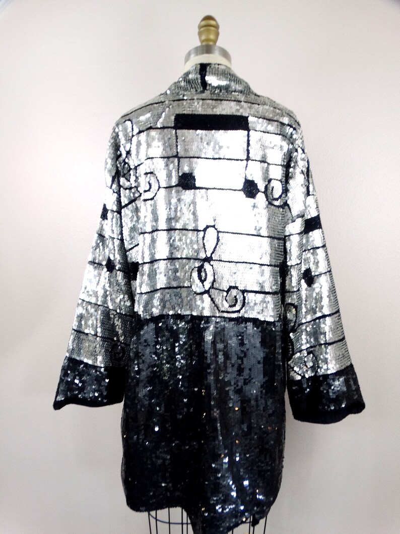 RARE Rockstar Sequin Novelty Duster // Black & Silver Sequined Beaded Musical Notes Long Jacket // Musicians Fully Embellished Coat image 5