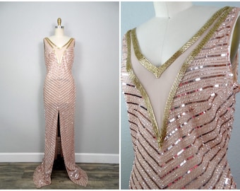 VTG Champagne Pink Sequin Gown / Deep V Neck Gold Beaded Dress w/ High Slit