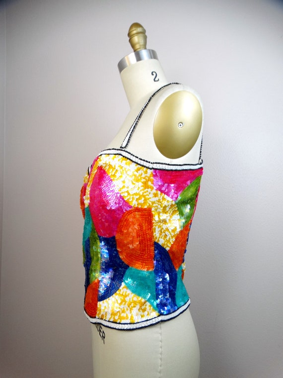 Neon Sequin Top / BRIGHT Vintage Beaded Bustier - image 3