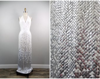 VTG Glam White & Silver Sequined Gown / Open Back White Sequin Mirror Chrome Ombré Beaded Dress / Halter V Neck Marilyn Monroe Gown