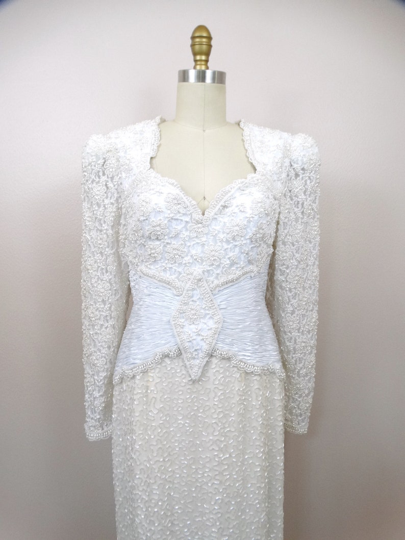 Vintage Pearl Beaded Wedding Dress / White Lace Embellished Bridal Gown image 5