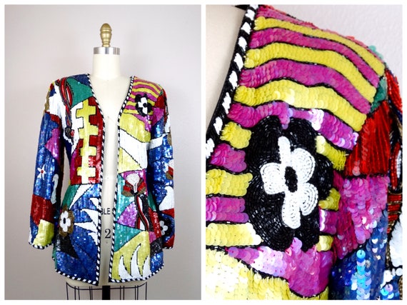 RARE Colorblock Beaded Jacket / Retro Rainbow Emb… - image 1