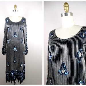 XS/S Hand Beaded Dress // Vintage Flapper Floral Sequined Dress // Black Silk Silver Gatsby Dress