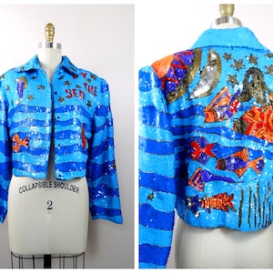 Mermaids By The Sea Sequin Jacket // Beach Theme Beaded Cropped Sequined Jacket // Retro Ocean Waves Scene Novelty Vintage Piece