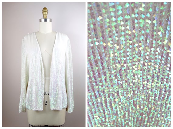 DAZZLING Iridescent Sequin Cardigan Top // White … - image 1