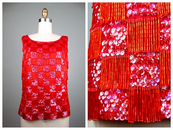 50s 60s Pink and Red Sequin Top / 1960's Vintage … - image 1