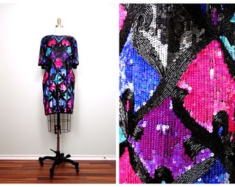 Heavily Beaded Sequined Dress // Bright Pink Purple Blue Sequin Trophy Dress