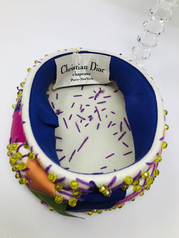 60\'s CHRISTIAN DIOR Vtg  Chapeaux Paris NY Beaded Ornate Wedding Hat Pristine EV Vintage Christian Dior Floral Hat With Hatbox, Vintage Dior  main image 4