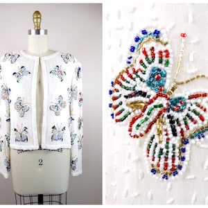 L/XL Beaded Butterfly Jacket / Bright White Embellished Butterflies Cardigan Size Large