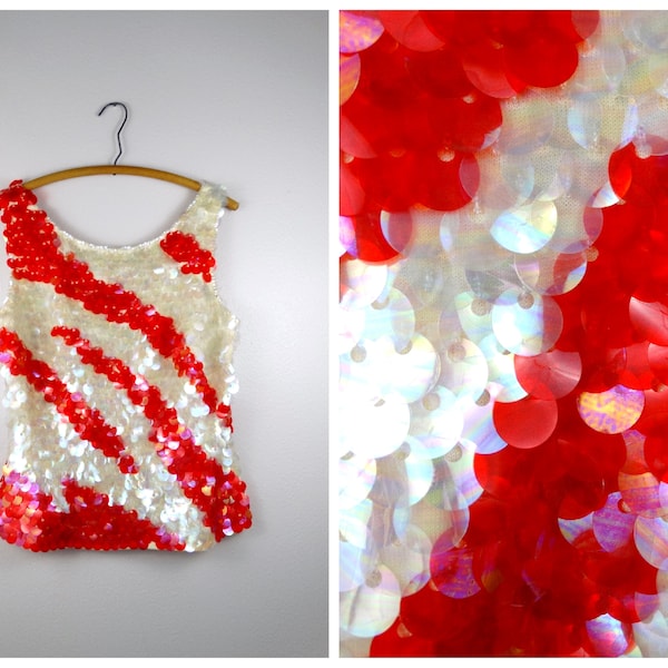 50s 60s Iridescent Paillette Sequin Top // Neon Red and Clear Ivory Sequined Discs Camisole Tank