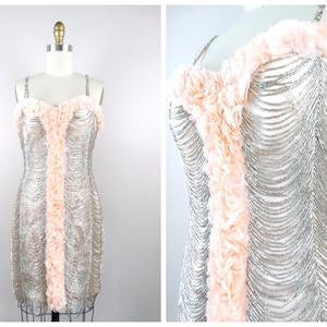 90s Couture Loop Beaded Mini Dress / Vintage Fringe Beaded Waterfall Dress w/ Swag Beads // Blush Pink Embellished Mini Size 2