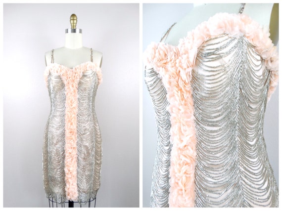 waterfall beaded dress Lara 29892 Danika Floral Beaded Sheath Beaded Dress with Beaded Fringe White / 0 main image 0