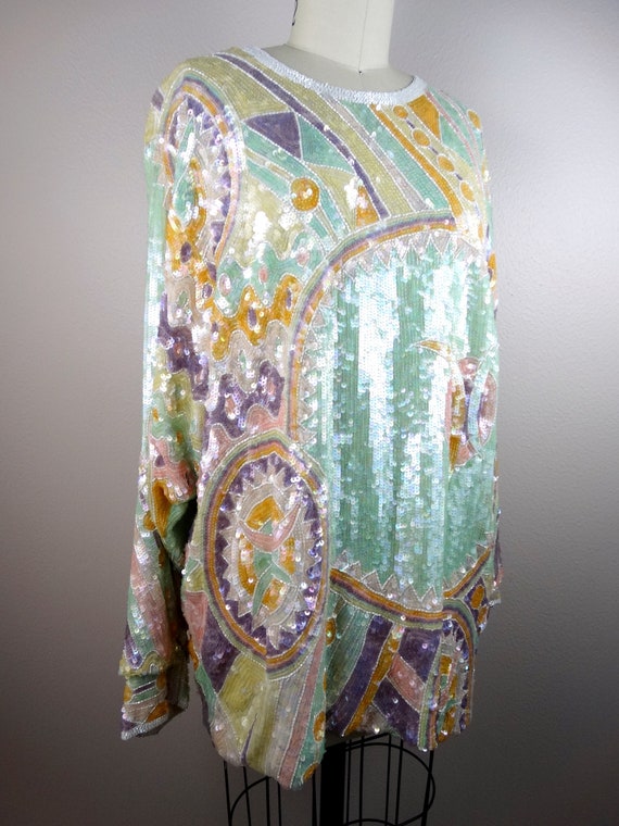 RARE Pastel Sequin Beaded Long Tunic Top • Oversi… - image 5