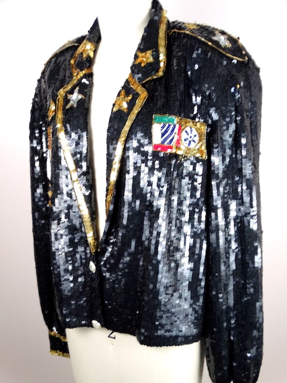 Military Style Sequin Jacket // 80s Star Bomber J… - image 4