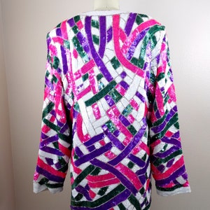 L/XL Pink Purple & White Sequin Beaded Long Jacket / Bright Sequined Embellished Silk Cardigan Large image 2