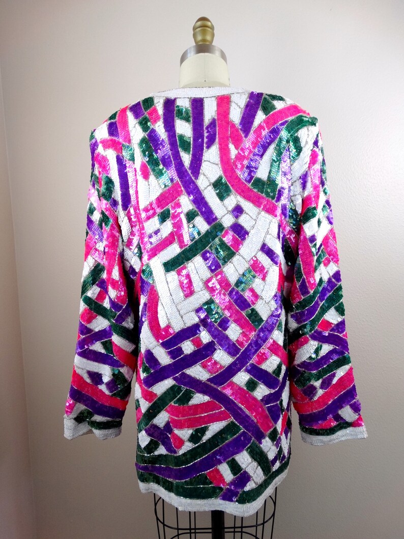 L/XL Pink Purple & White Sequin Beaded Long Jacket / Bright Sequined Embellished Silk Cardigan Large image 2