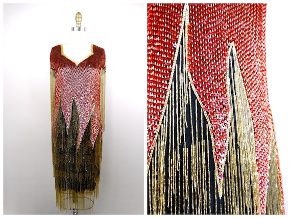 Vintage Red & Gold Beaded Flapper Dress, Sequined Gatsby Fringe (M/L) - Etsy
