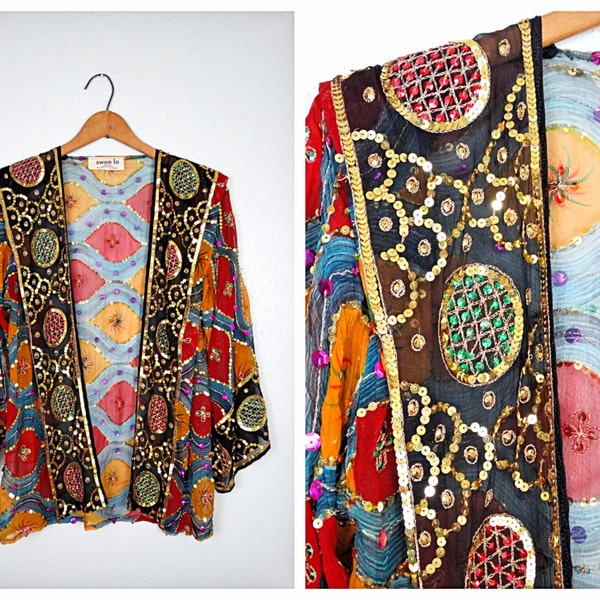 Sheer Gold Sequin Kimono / Art Deco Embellished Open Top / Vintage Chiffon Sequined Robe by Swee lo