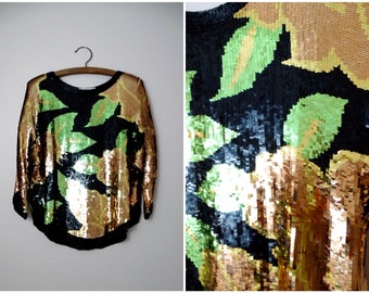 Top de lentejuelas líquidas con mangas dolman / Top vintage de lentejuelas en negro, verde y oro rosa, talla L/XL