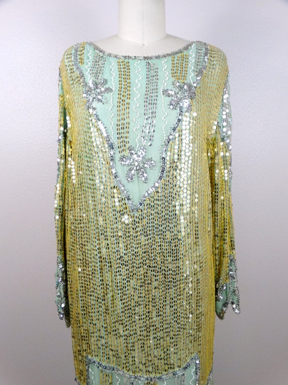 Gold and Silver Sequin Beaded Dress / Sage Silk S… - image 2